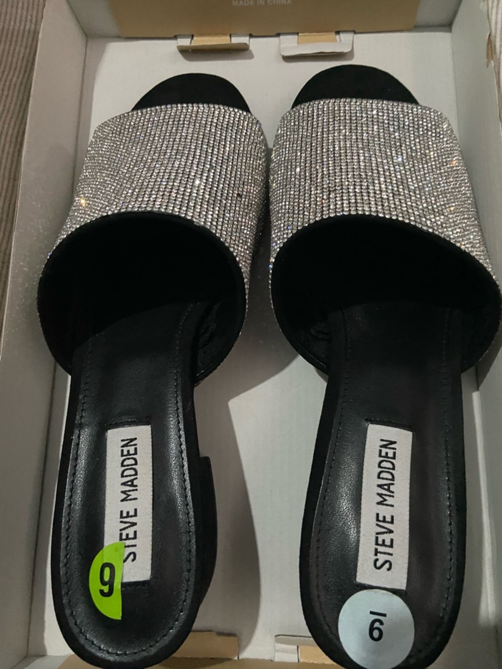 Steve Madden Black Slides with Silver Crystal Strap